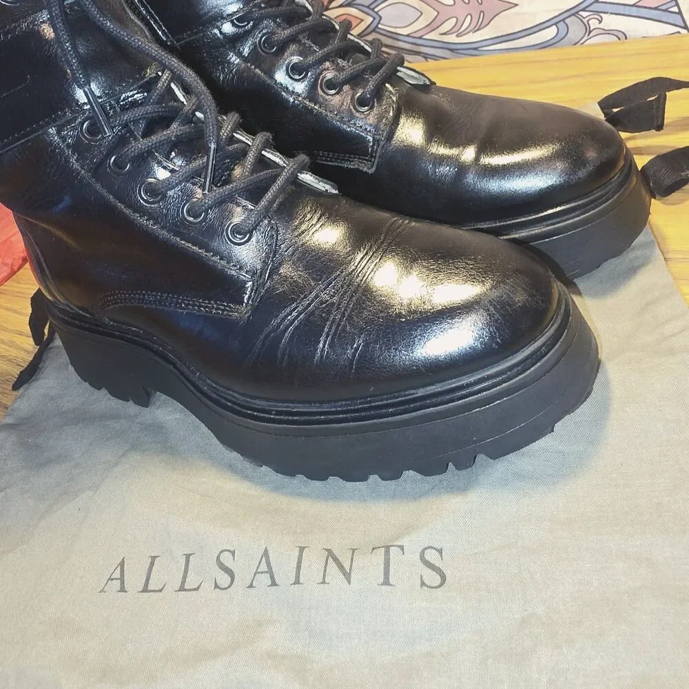 ALLSAINTS Sz 7 ONYX Black Combat Lace Up Zipper Buckle Lug Sole Moto Biker Boots - Picture 5 of 16
